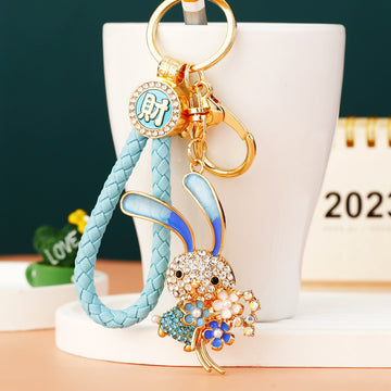 Jeweled Flower Rabbit Keychains in Four Colors with Plain Braided and Fortune Loops