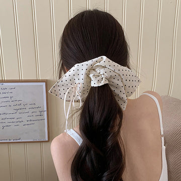 White Satin Polka Dot Oversized Bow Hair Tie With Long Tails