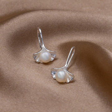 Silver Ginkgo Leaf Faux Pearl Fishhook Drop Earrings