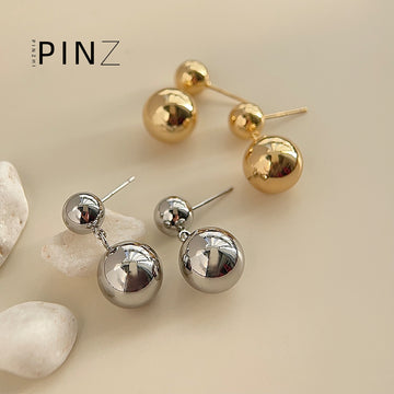 Gold-Tone Smooth Double Sphere Ball Drop Stud Earrings Pair