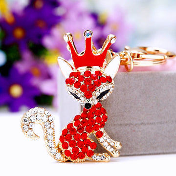 Crowned Fox Keychain with Red Crystals and White Crystal Tail