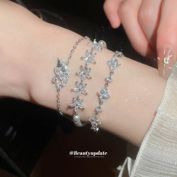 Silver Crystal Flower Pearl Star Swan Charm Bracelets Three Styles