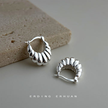 Silver Scalloped Fluted Huggie Hoop Earrings Latch Back