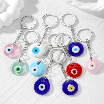 Silver Tone Round Glass Evil Eye Split Ring Keychains in Seven Colors