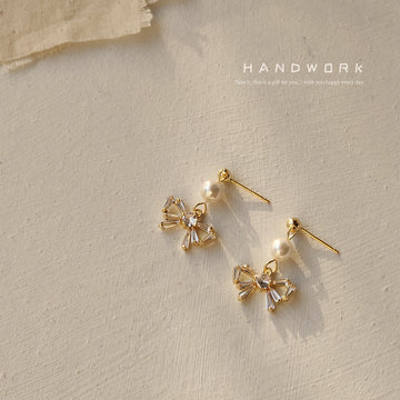 Gold Pearl Crystal Bow Drop Stud Earrings Clear Stones
