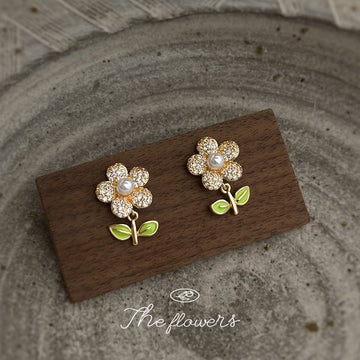 Crystal Pave Flower Stud Earrings Pearl Center Leaf Drop
