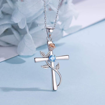 Silver Tone Cross Pendant Necklace With Rose Vine Accents