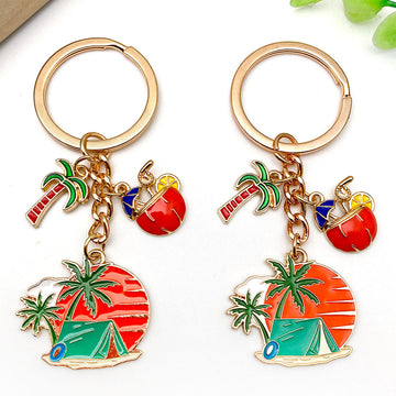 Four Orange Camping Beach and Palm Tree Metal Keychain Designs