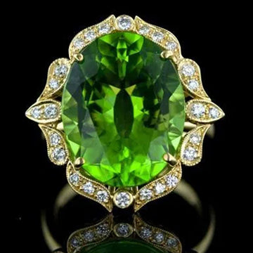 Gold Tone Green Oval Stone Leaf Halo Statement Ring