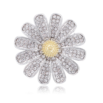 White Gold Tone Daisy Crystal Metal Brooch Pin for Jackets and Lapels