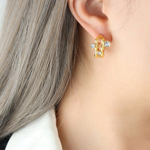 Gold and Silver Open Hoop Earrings with Clear Zircon Accents