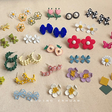 Assorted Enamel Flower Bow Geometric Stud Drop Earrings