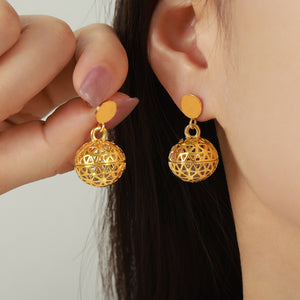 Gold Filigree Hollow Sphere Dangle Earrings Disc Stud