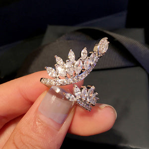 Double Leaf Open Ring with Marquise Cubic Zirconia, Adjustable, Silver-Tone Brass