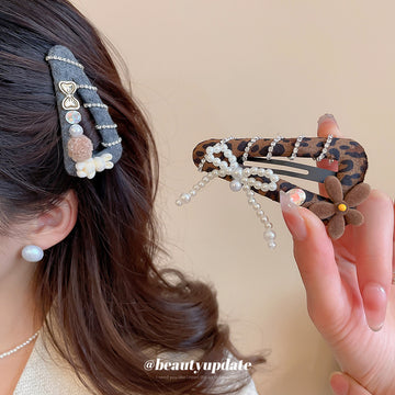 Leopard Print Snap Clip Pearl Bow and Brown Flower