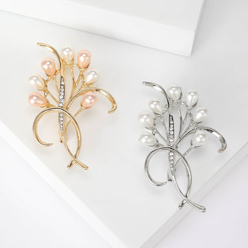 Pearl Floral Branch Bow Brooch With Faceted Crystals And Polished Metal Details