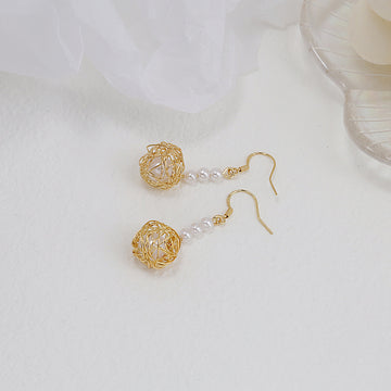 Gold Wire Nest and Pearl Look Long Hook Drop Earrings