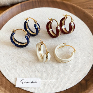 Color Inlay Gold Tone Hoop Earrings in Blue White and Red