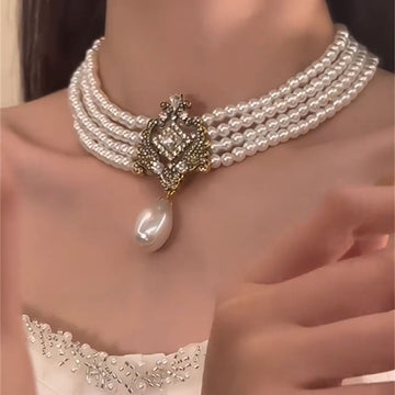 Four Strand Pearl Choker Gold Crystal Center Teardrop Pearl