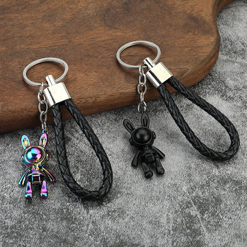 Rabbit Astronaut Keychain, Black Braided Loop, Four Colors