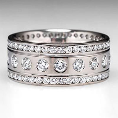 Front view of wide three-row stone ring