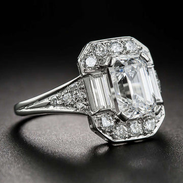 Silver Tone Emerald Cut CZ Halo Ring With Baguette Sides
