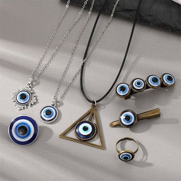 Antique Gold Tone Blue Evil Eye Hair Clips Ring Brooch and Necklaces