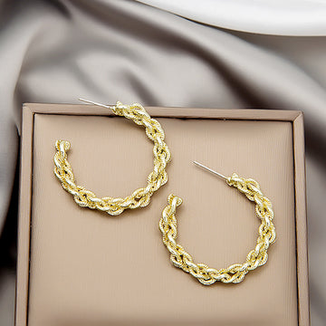 Gold and Silver Braided Chain Open C Hoop Stud Earrings