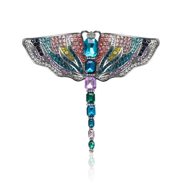 Multicolor Crystal Dragonfly Metal Brooch with Long Tail