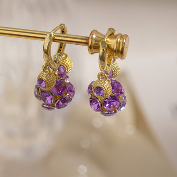 Purple Grape Cluster Gold Tone Compact Small Huggie Earrings