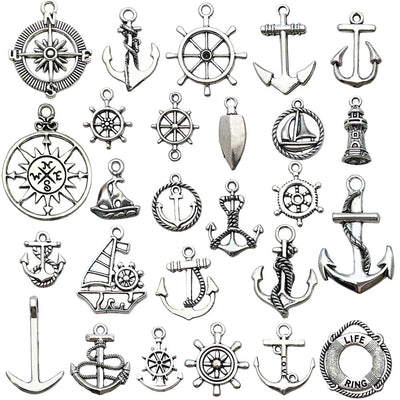 Antique silver assorted shape charms pictured with visible surface details
