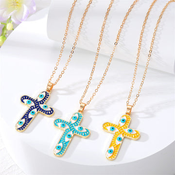 Gold Tone Multicolor Evil Eye Cross Pendant Necklaces