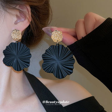 Black Spiral Flower Statement Drop Earrings With Gold Studs