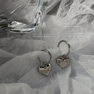 Silver Mini Huggie Hoop Smooth Heart Charm Drop Earrings