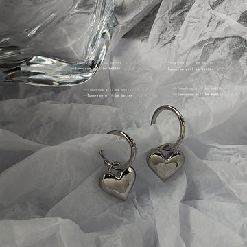 Silver Mini Huggie Hoop Smooth Heart Charm Drop Earrings
