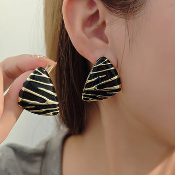 Black Triangle Gold Zebra Stripe Statement Stud Earrings