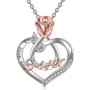 Rose Heart Sister Pendant Necklace in Two Tone Styles