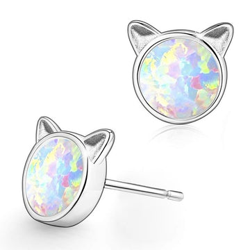 Silver Cat Ear Round White Opal Stud Earrings Pair