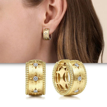 Gold Brushed Star Motif Beaded Huggie Hoop Earrings Pair