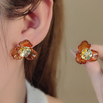 Amber Translucent Flower Crystal Look Stud Earrings