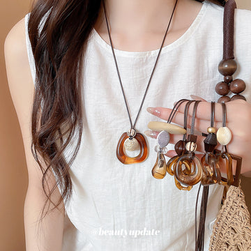 Brown Resin Geometric Pendant Cord Necklaces in Six Designs