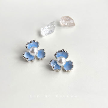 Silver Tone Pale Blue Gradient Three Petal Pearl Center Stud Earrings