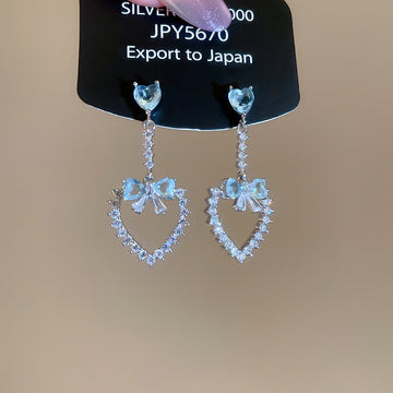 Blue Open Heart Drop Earrings With Silver Crystal Bow Tops
