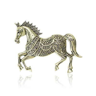 Filigree Crystal Horse brooch In Silver And Antique Gold shown in front view on a light background