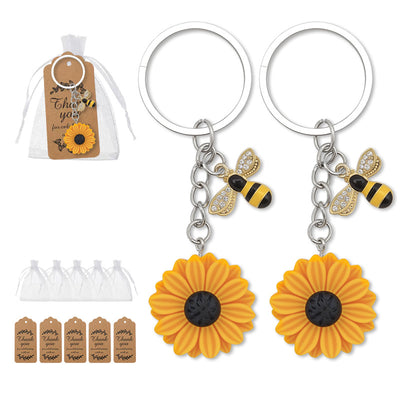 Sunflower bee keychains with organza bags and kraft thank-you tags