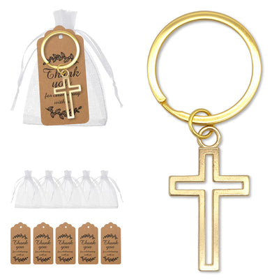 Gold hollow cross keychain with organza bags and kraft tags