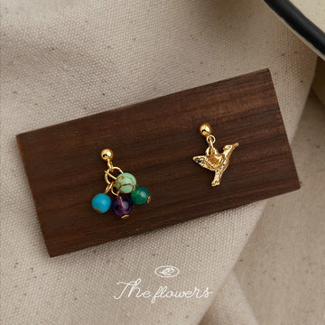 Gold Asymmetric Bird Stud Earrings Multicolor Stone Pair