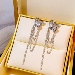 Silver Heart Stud Drop Earrings Multi Chain Tassel Fringe