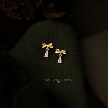 Gold Mini Bow Stud Earrings Teardrop Zircon Dangle