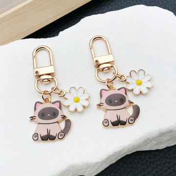Siamese Cat and White Daisy Enamel Clip Keychain Eight-Style Collection